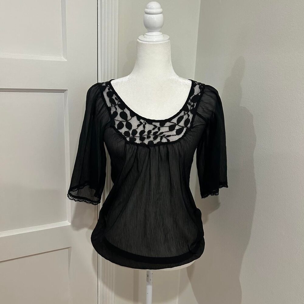 Y2k Charlotte Russe Lace Semi Sheer 3/4 Sleeve Women's Black Blouse